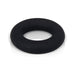Black liquid silicone cock ring with smooth matte finish and subtle embossed branding on surface.