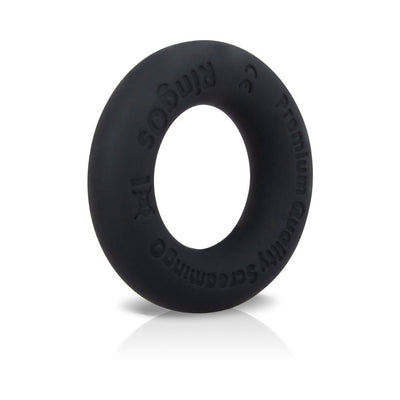 Black liquid silicone cock ring with embossed branding, smooth texture and round shape on white background.