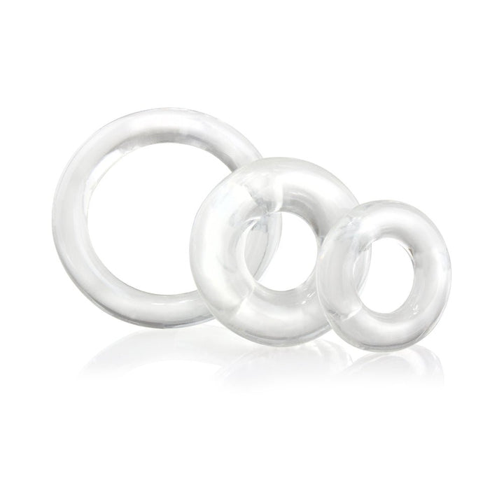 Set of three clear, stretchy silicone rings in varying sizes designed for customizable comfort and performance enhancement.