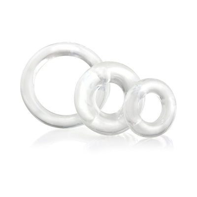 Set of three clear, stretchy silicone rings in varying sizes designed for customizable comfort and performance enhancement.