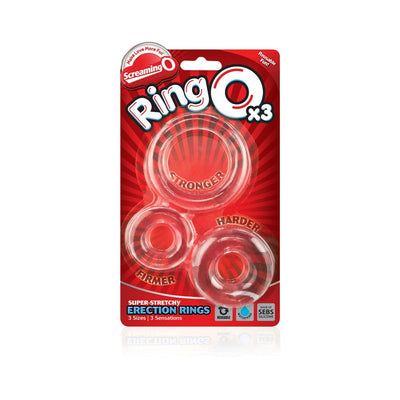 Clear Screaming O RingO set of three stretchy silicone rings labeled Stronger, Firmer, and Harder in red packaging.