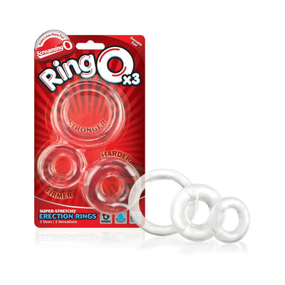 Clear Screaming O RingO set of three super-stretchy erection rings in varying sizes with red packaging background.