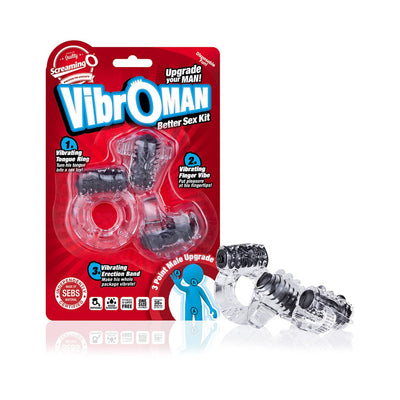 Screaming O VibrOman kit with vibrating tongue ring, finger vibe, and erection band in clear textured design on red packaging.