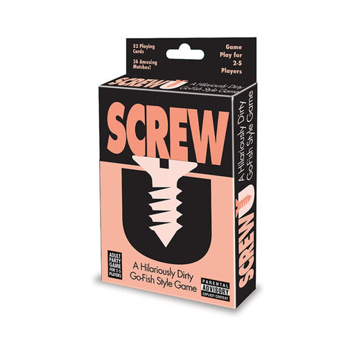 Screw U adult party card game box with bold text and screw graphic, designed for 2-5 players, featuring a humorous Go-Fish style gameplay.