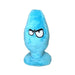 Blue plush dog toy with an angry cartoon face and a flat base for playful chewing and cuddling.