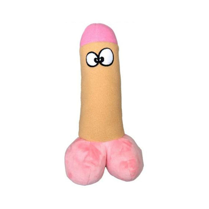 Plush dog toy in pink and beige with cartoon eyes and three squeakers for playful pups.