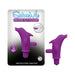 Purple silicone dolphin-shaped clit pleaser with three vibration speeds, shown on packaging and separately.