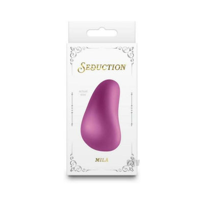 Packaging of Seduction Mila Metallic personal massager in purple with elegant white and gold design.