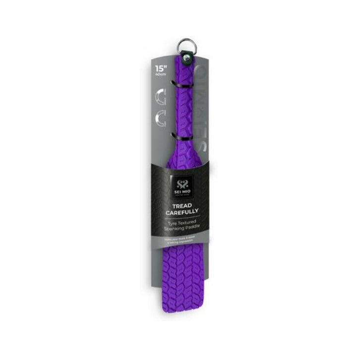 Purple 15-inch Sei Mio paddle with tyre tread texture, packaged with black and gray label detailing product features.