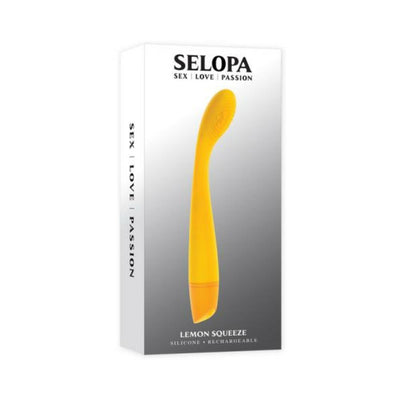 Yellow silicone Selopa Lemon Squeeze rechargeable G-spot vibrator with curved textured head in white and gray packaging.