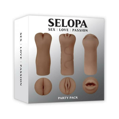 Selopa Party Pack featuring three dark-toned strokers with varied textured openings for diverse sensations.