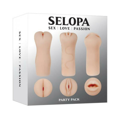 Selopa Party Pack with three life-like strokers featuring distinct textured openings for varied sensations.
