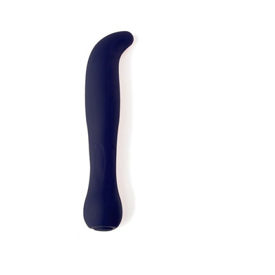Sleek navy blue silicone G-spot vibrator with curved tip and ergonomic handle on white background.