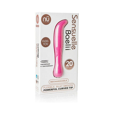 Packaging of Sensuelle Baelii G-spot vibrator showing a pink, curved, flexible silicone toy with 20 functions and rechargeable design.