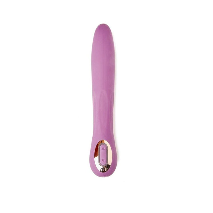 Purple silicone flexible vibrator with dual motors and control buttons on the base against a white background.