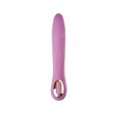 Purple silicone flexible vibrator with dual motors and control buttons on the base against a white background.