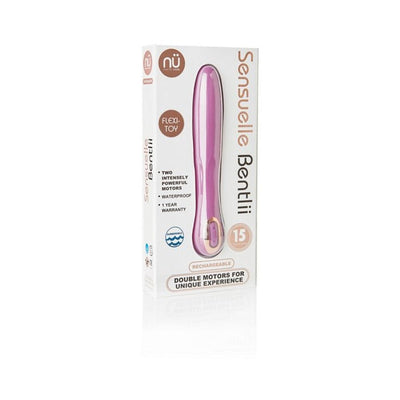 Sensuelle Bentlii flexible silicone vibrator in pink with dual motors, shown in its white and gold packaging.