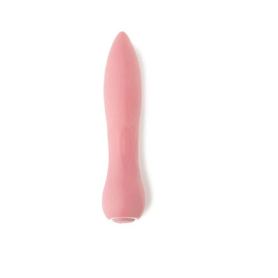 Pink silicone mini vibrator with a smooth, tapered design and ergonomic base on a white background.