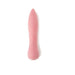 Pink silicone mini vibrator with a smooth, tapered design and ergonomic base on a white background.