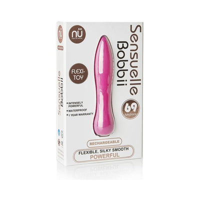 Packaging of Sensuelle Bobbii flexible pink silicone mini vibrator with 69 functions, waterproof and rechargeable features.