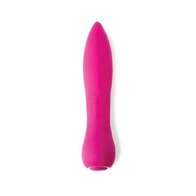 Bright pink silicone mini vibrator with a smooth, tapered design and rounded base on a white background.