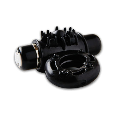 Black stretchy cock ring with removable textured bullet vibrator and multiple vibration settings on white background.
