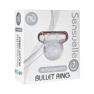 Packaging box of Sensuelle rechargeable bullet ring with clear stretchy design and 7 vibration functions shown on front.