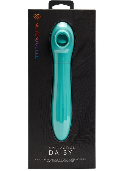 Sensuelle Daisy Triple Action Blue multi-function vibrator in sleek teal with suction, flickering tongue, and thrusting features in black packaging.