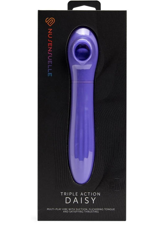 Purple Sensuelle Daisy Triple Action vibrator in black packaging with suction, flickering tongue, and thrusting features.