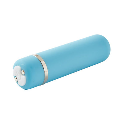 Compact blue silicone-coated bullet vibrator with silver accent and single-button control, designed for discreet pleasure.