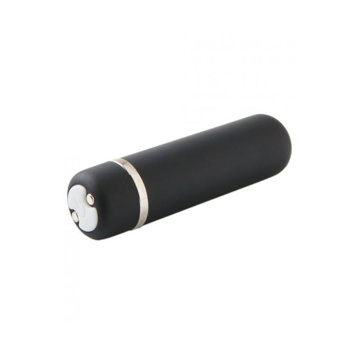 Compact black bullet vibrator with smooth silicone finish and silver accent ring on white background.