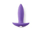 Purple silicone mini butt plug with flared base and control button, designed for discreet and comfortable use.