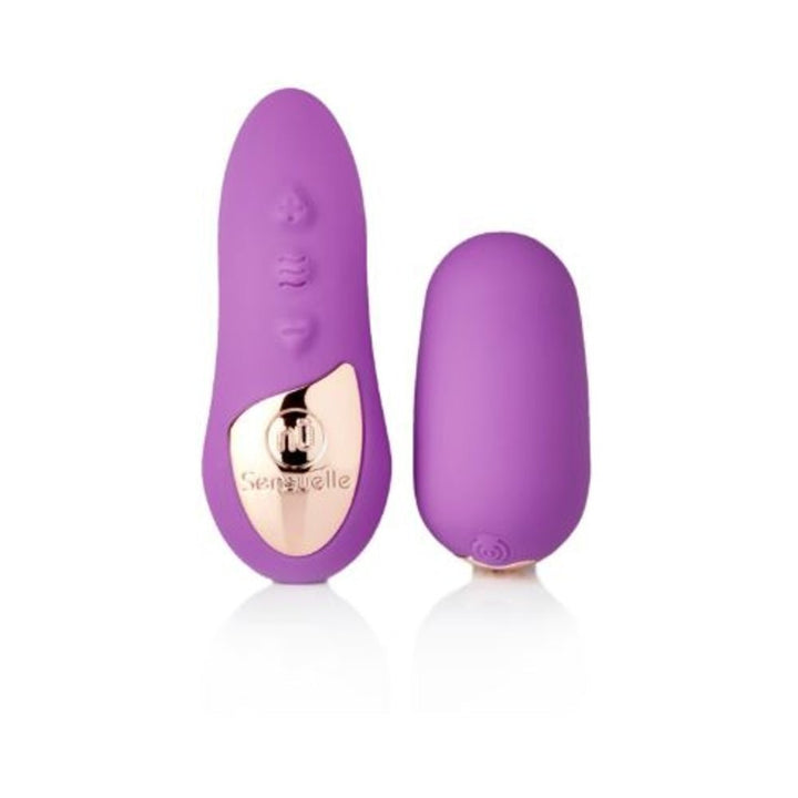 Purple Nu Sensuelle remote control and petite egg vibrator with smooth silicone finish and rose gold accents.