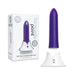 Purple rechargeable silicone bullet vibrator with white charging stand and packaging box showing product features.