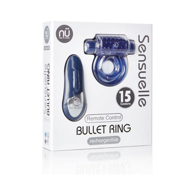 Sensuelle blue rechargeable remote control bullet ring with 15 vibration functions in white packaging.