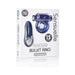 Sensuelle blue rechargeable remote control bullet ring with 15 vibration functions in white packaging.