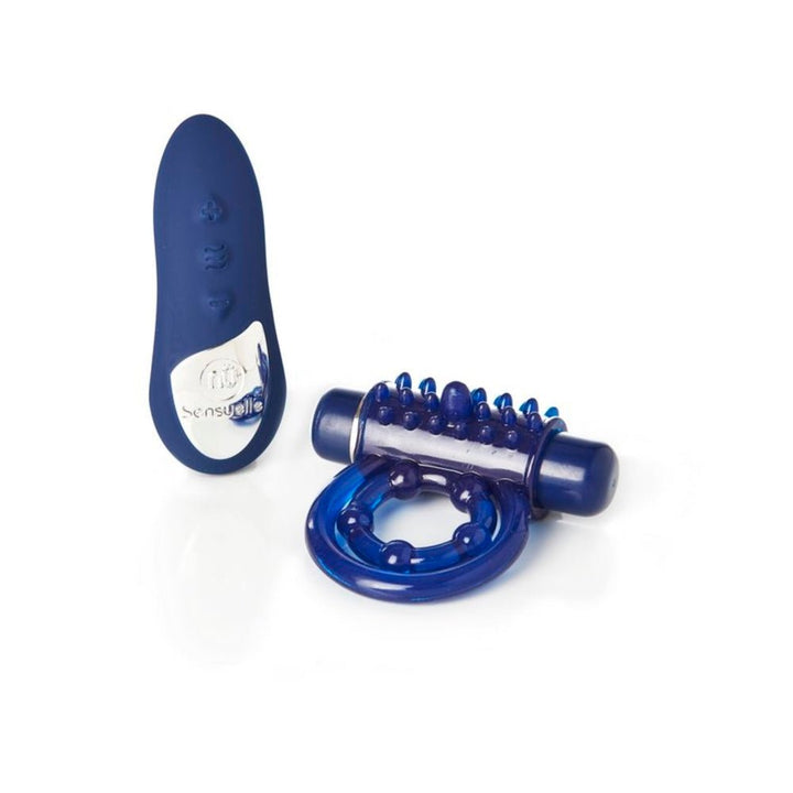 Blue rechargeable remote control and textured silicone cock ring set with multiple vibration settings.