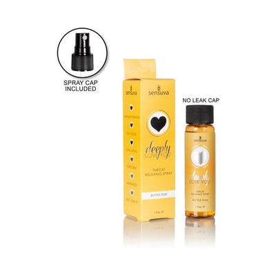 Sensuva Deeply Love You Butter Rum throat relaxing spray bottle with yellow box and spray cap detail.