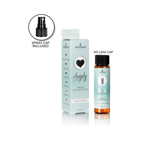 Sensuva Deeply Love You throat relaxing spray in chocolate mint flavor with spray and no-leak caps, 1 oz bottle with packaging.