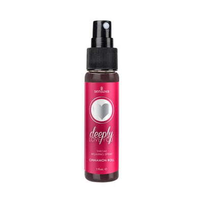 Sensuva Deeply Love You throat relaxing spray in cinnamon roll flavor, 1 oz bottle with spray nozzle.