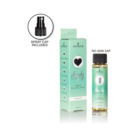 Sensuva Deeply Love You Spearmint throat relaxing spray 1 oz bottle with packaging and spray cap detail.