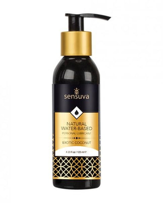 Sensuva Natural Water-Based Personal Moisturizer in Exotic Coconut scent, 4.23 oz bottle with black and gold pump design.