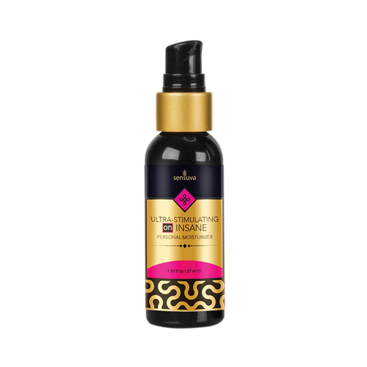 Bottle of Sensuva Ultra Stimulating On Insane personal moisturizer with black pump and gold and pink label design.