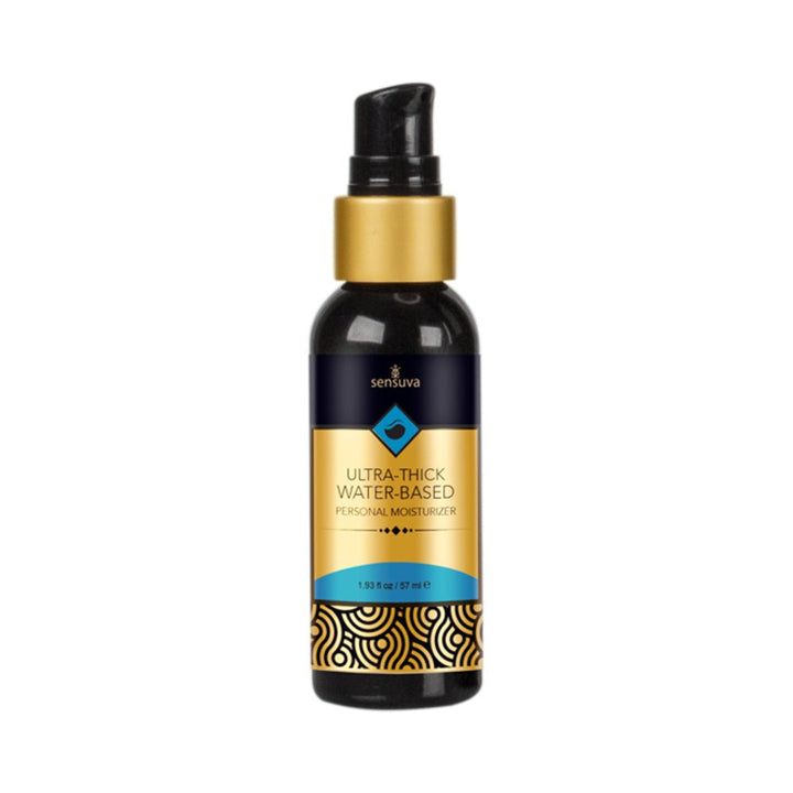 Bottle of Sensuva Ultra Thick Water Based Personal Moisturizer with black pump and gold label design