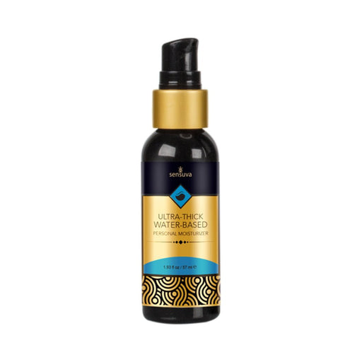 Bottle of Sensuva Ultra Thick Water Based Personal Moisturizer with black pump and gold label design