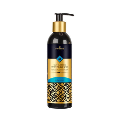 Sensuva Ultra Thick Water Based Moisturizer in 8.12oz black bottle with gold and blue label and pump dispenser.