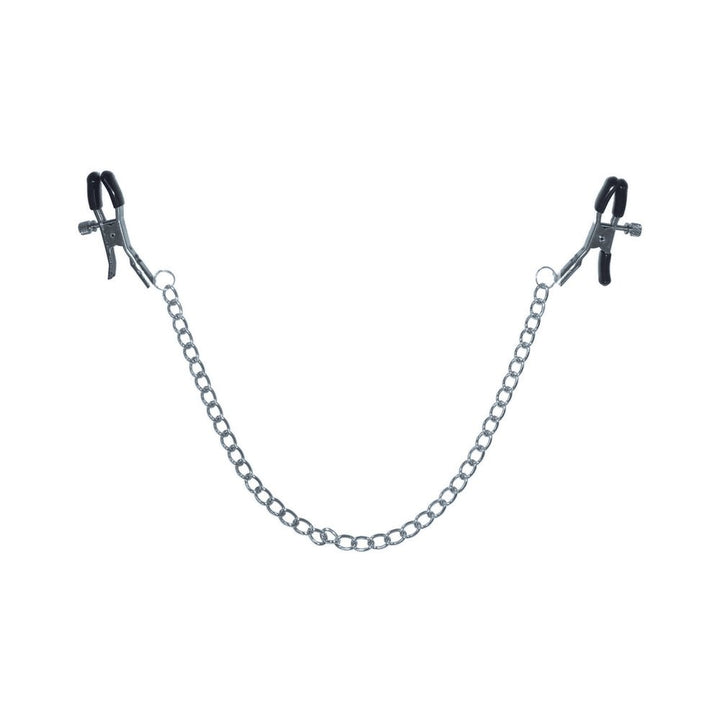 Silver chained nipple clamps with adjustable black-coated tips for comfortable sensory play