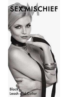 Black neoprene collar with attached nylon leash worn by a model, showcasing the Sex And Mischief leash and collar set.