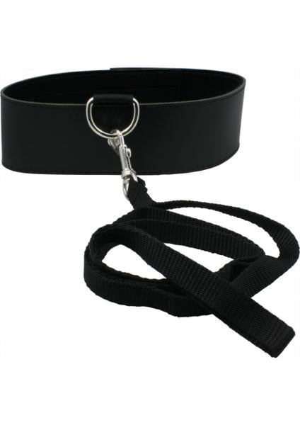 Black neoprene collar with velcro closure and attached black nylon leash with metal clasp.