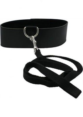 Black neoprene collar with velcro closure and attached black nylon leash with metal clasp.
